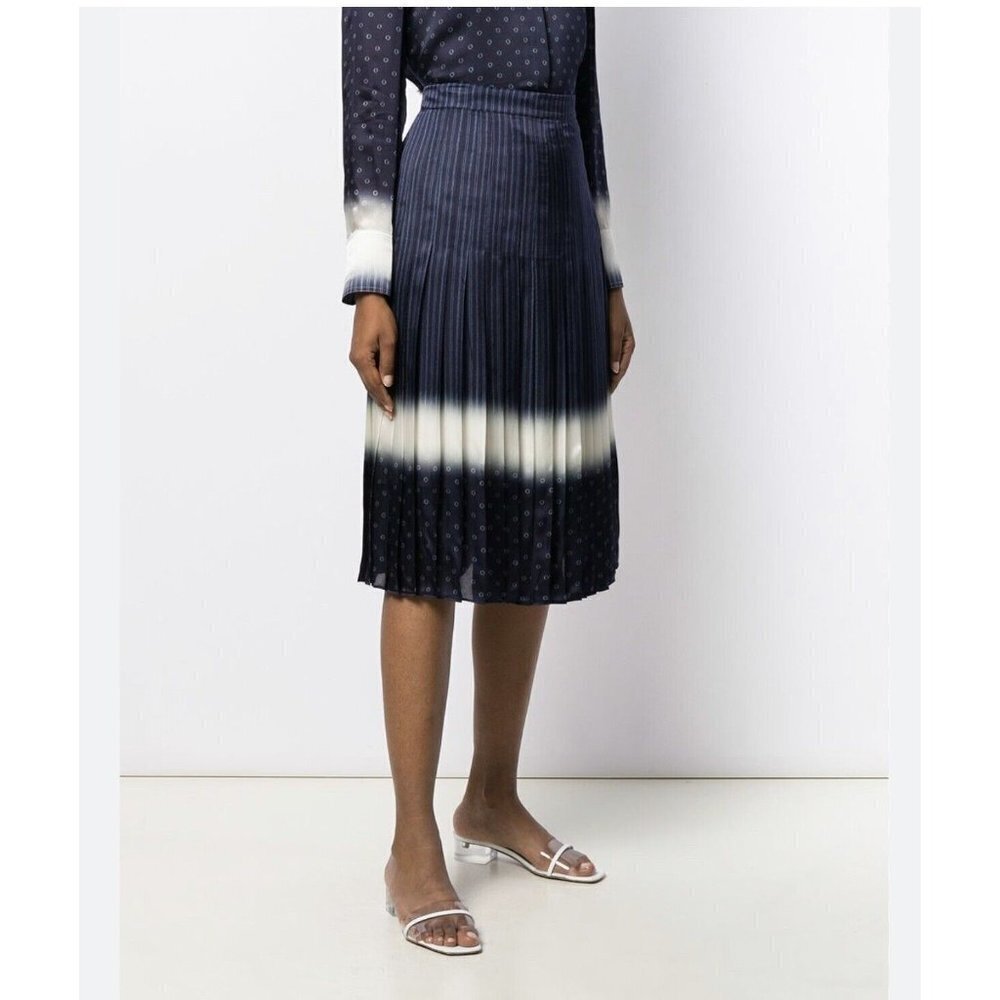 Tory Burch Size 2 Silk Pleated Midi Skirt Navy Blue White Ombre Printed - Picture 2 of 9
